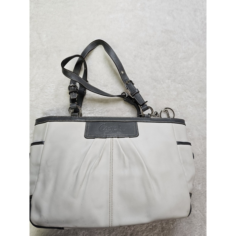 Coach Pleated Leather‎ White & Gray Tote Bag Purse Purple Inside Silver Hardware - Picture 3 of 12